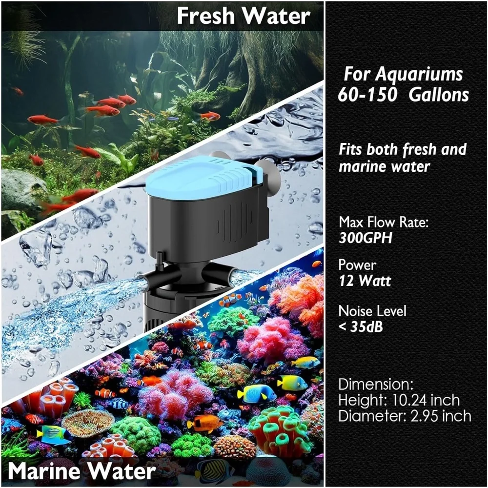 AquaMiracle Submersible Aquarium Filter 300GPH | 3-Stage for 60-150 Gal Tanks